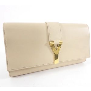 YSL Beige Leather Y Ligne Clutch Bag